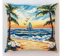 NAHUIGOOD Punto De Cruz Kit Vista Al Mar, Cocoteros 45X45Cm Manualidades Adultos Decoracion Bordar Kit Principiantes Completo Diy Bordado Creativo Regalo,Cross Stitch
