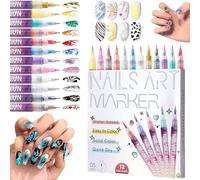 Nail Art Pens Set, 12 Colours Water-Based Nail Art Markers with 0.5mm Fine Tip, Quick Dry Solid Colour Nail Drawing Pens for DIY Manicure, Dotting, Lines and Patterns