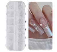 Nail Art Rhinestones 1 Caja, Nail Charms, 12 Tipos de Perlas Blancas para Uñas, Flatback Rhinestones, Pequeñas Perlas de Acero Inoxidable, Decoración de Uñas, Accesorios para Uñas.