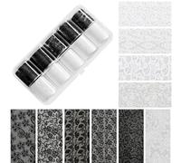 Nail Lace Stickers - 19.6 Inch 10 Piece Lace Nails Art Foil Transfer Set | Black White Self Adhesive Cutout ĻAce Stickers | Full Coverage Nail Decoration Kit With Storage Box. 30g.