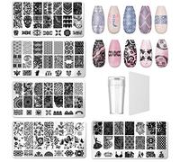 Nail Stamping Plate, 5PCS Placas Para Uñas, Nail Art Stamping Plantillas Uñas Decoracion Arte De Uñas Diy Del Clavo Del Sello Placas Estampado Manicura con 1 Sello Transparente, 1 Raspador