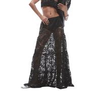 Naileksi Falda Larga de Encaje Transparente escalonada para Mujer, Cintura elástica, Talle Alto, Acampanada, Sexy, Transparente, Ropa de Club, Negro -, M