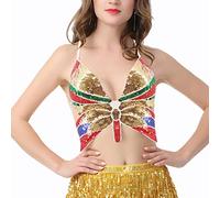 Naimo Camiseta de tirantes sexy con lentejuelas y mariposas, cuello halter y espalda descubierta, para danza del vientre, disfraz de fiesta, dorado, Talla única
