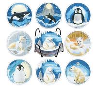 NAIMOER 8 posavasos de pintura de diamantes de animales, posavasos de vida de invierno, kits de Navidad para adultos y niños, posavasos de Navidad 5D con soporte, almohadilla de corcho para el hogar
