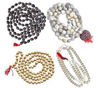 Naisha Paquete de 4 Tulsi Japa Mala, Kamal Gatta Mala (semillas de loto), original Vaijanti Mala y cuentas de cristal / ágata Sphatik Mala blanca, 108 + 1 cuentas