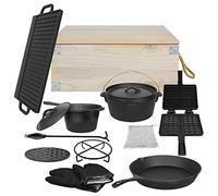 NAIZY Dutch Oven Horno holandés de hierro fundido 12 piezas con caja de madera Incluye brasero, sartén, sartenes para hornear, ollas de leche para fregar Juego completo de hierro fundido
