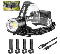 NAKCNM Linterna frontal de 10000 lúmenes, XHP70 Potente linterna frontal recargable LED USB, linterna frontal zoomable impermeable con 3 pilas y 3 modos [Clase de eficiencia energética