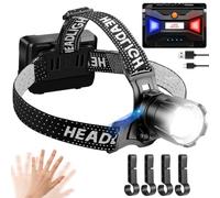 NAKCNM Linterna frontal LED recargable, linterna frontal brillante 20000 Lumen con sensor y luz roja, enfoque ajustable 3 modos de luz impermeable 90° ajustable para footing camping pesca