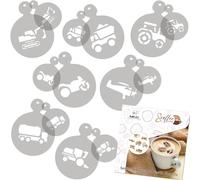 NAKLEO 14 uds. Plantillas Reutilizables por Decoración de Café y Galletas (14 uds.) - 7x7cm and 11x11cm - Transporte Tractor - Bizcochos Galletitas Pastelas Tartas Tortas Plástico BRICOLAJE Cocina