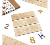 NAKLEO Plantillas de Dibujo en Madera para Niños, Set de 15 Piezas 19x6.5cm Letras y Números, Montessori Modelos Juguete Educativo, Arte y Manualidades Decoración DIY, Papel Pared Madera Tela