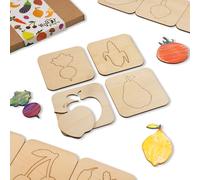 NAKLEO Plantillas de Dibujo en Madera para Niños, Set de 20 Piezas 9.5x9.5cm Frutas Verduras, Montessori Modelos Juguete Educativo, Arte y Manualidades Decoración DIY, Papel Pared Madera Tela