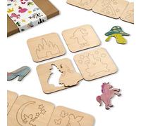 NAKLEO Plantillas de Dibujo en Madera para Niños, Set de 20 Piezas 9.5x9.5cm Hadas Cuentos Magia, Montessori Modelos Juguete Educativo, Arte y Manualidades Decoración DIY, Papel Pared Madera Tela
