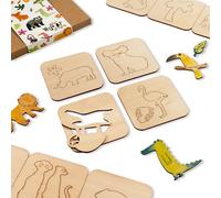 NAKLEO Plantillas de Dibujo en Madera para Niños, Set de 20 Piezas 9.5x9.5cm Selva Sabana Animales, Montessori Modelos Juguete Educativo, Arte y Manualidades Decoración DIY, Papel Pared Madera Tela