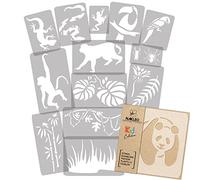 NAKLEO Plantillas para Pintar para Habitación Niños, 14 Stencil 9x12 a 23x34cm Selva Animales Mono, Patrón Plástico y Reutilizable para Dibujar, DIY Arte Decoración, Pared Madera Muebles Tejido