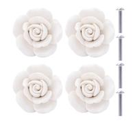 NAKUPENDA Perillas de Cerámica 4 Piezas Pomos de Flor de Rosa para Cajones, Armario y Puertas - Porcelana Blanca