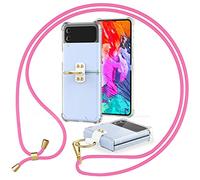 NALIA Carcasa Clara con Cuerda Compatible con Samsung Galaxy Z Flip4 Funda, Transparente Anti-Amarillo Cubierta con Anillo & Correa Colgante, Trasera Dura & Marco Silicona, Color:Pink Rosa