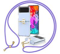 NALIA Carcasa Clara con Cuerda Compatible con Samsung Galaxy Z Flip4 Funda, Transparente Anti-Amarillo Cubierta con Anillo & Correa Colgante, Trasera Dura & Marco Silicona, Color:Morado