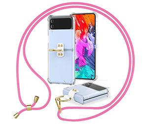 NALIA Carcasa Clara con Cuerda Compatible con Samsung Galaxy Z Flip4 Funda, Transparente Anti-Amarillo Cubierta con Anillo & Correa Colgante, Trasera Dura & Marco Silicona, Color:Pink Rosa
