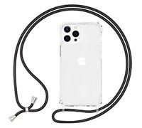 NALIA Carcasa Claro con Cuerda Compatible con iPhone 13 Pro Funda, Transparente Anti-Amarillo Resistente Esquinas Reforzadas, Translucido Hardcase & Correa Colgante, Cubierta Dura, Color:Negro