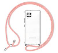 NALIA Carcasa con Cuerda Compatible con Samsung Galaxy A42 5G Funda, Transparente Hardcase & Correa Colgante para Colgar, Protectora Cover & Cordon para Llevar en Cuello, Color:Pink Rosa