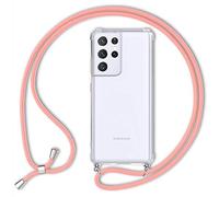 NALIA Carcasa con Cuerda Compatible con Samsung Galaxy S21 Ultra Funda, Transparente Hardcase & Correa Colgante para Colgar, Protectora Cover & Cordon para Llevar en Cuello, Color:Pink Rosa