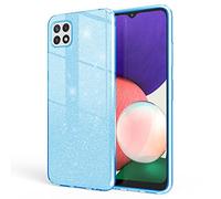 NALIA Funda de Purpurina Compatible con Samsung Galaxy A22 5G - Aspecto Brillante & Agarre - SHINEPOP (Carcasa Silicona) - Marca de Berlín, Color:Azul