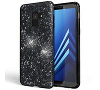 NALIA Funda de Purpurina Compatible con Samsung Galaxy A8 (2018) - Aspecto Brillante & Agarre - SHINEPOP (Carcasa Silicona) - Marca de Berlín, Color:Negro
