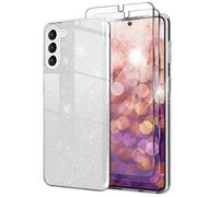 NALIA Set [3-en-1] Compatible con Samsung Galaxy S23 Plus Funda Protectora [1x Glitter Case & 2X Cristal Protector de Pantalla] Cubierta Híbrida Brillante Resistente, Screen Protector, Color:Plata