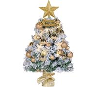 NALONE Mini árbol de Navidad con iluminación LED, mesa y temporizador, 61 cm cubierto de nieve, pequeño árbol de Navidad con 27 piezas de adornos, 90 puntas de ramas, árbol de Navidad de mesa (Dorado)