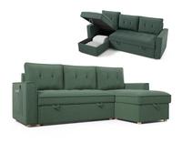 Nalui - Sofa Cama Chaise Longue Haven 213x129x81cm Reversible con Arcón de 127,6L. Sofa de Salon 3 Plazas Convertible en Cama de 122 x 190 cm. Incluye Bolsillos y Tejido 360º, Verde Oscuro
