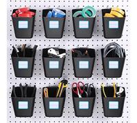 Namalu 12 Pack Peg Board Storage Bins with Labels and Hooks Square Box Shape Pegboard Cup Holder Accessories Pegboard Organizer for Craft Room Wall holder Workbench(4.7 x 4 x 5 Inch, Black)