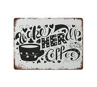 NAMEY Cartel de metal con impresión de café en blanco y negro para cocina, divertido letrero de metal vintage para dormitorio, sala de estar, cocina, patio, jardín, decoración de pared, regalo, 12 x