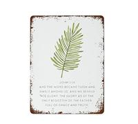 NAMEY Cartel de metal retro con diseño de hoja de palmera de Navidad en acuarela, con texto en inglés "Dwelt Among Us Full of Grace and Truth", de metal, vintage, decoración de pared, decoración