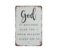 NAMEY Cartel de metal retro con texto en inglés «God is Watching Over You, I Know Because I Asked Him to Retro Metal Poster 140 x 200 mm