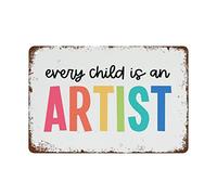 NAMEY Divertido letrero de metal de estaño vintage con texto en inglés "Every Child is an Artist", arte para sala de juegos, escuela primaria, escuela primaria, decoración positiva para el aula, 8 x