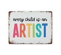 NAMEY Divertido letrero de metal de estaño vintage con texto en inglés "Every Child is an Artist", arte para sala de juegos, escuela primaria, decoración positiva para el aula, 30,5 x 40,6 cm