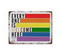 NAMEY Divertido letrero de metal vintage de estaño con texto en inglés "Everyone is Welcome Here" para pared, arte educativo de 12 x 16 pulgadas, adecuado para decoración del hogar y cocina, bar