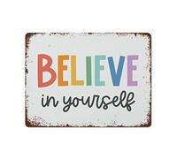 NAMEY Divertido letrero vintage de metal de estaño con texto en inglés "Believe in Yourself", arte positivo para el aula, decoración de sala de juegos, póster de autoestima y crecimiento, 12 x 16