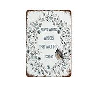 NAMEY Divertido letrero vintage de metal de estaño plateado y blanco con texto en inglés "Winters That Melt Into Spring Winter My Favorite Things", 30,5 x 20,3 cm, adecuado para el hogar, cocina, bar