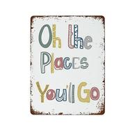 NAMEY Divertido letrero vintage de metal de hojalata con texto en inglés "Oh The Places You'll Go", arte artístico de arco iris, 40,6 x 30,5 cm, adecuado para decoración de pared del hogar y cocina