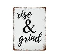 NAMEY Letrero con texto en inglés "Rise and Grind", impresiones motivacionales, citas motivacionales, letrero de café, arte de pared para oficina, oficina, jardín, retro, letrero de metal, decoración