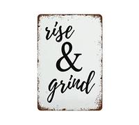 NAMEY Letrero con texto en inglés "Rise and Grind", impresiones motivacionales, citas motivacionales, letrero de café, arte de pared para oficina, oficina, jardín, retro, letrero de metal, decoración
