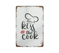 NAMEY Letrero de metal con texto en inglés "Kiss The Cook", decoración de pared con cita creativa, esqueleto, divertido letrero de metal, decoración de pared vintage para el hogar, bar, restaurante