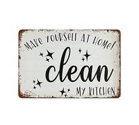 NAMEY Letrero de metal con texto en inglés «Make Yourself at Home! Clean My Kitchen» para decoración del hogar, cafeterías, oficinas, tiendas, pubs, clubes, regalo, 140 x 200 mm, placa de estaño