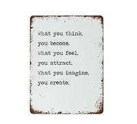 NAMEY Letrero de metal con texto en inglés "What You Think You Become Buddha", letrero de metal vintage para decoración de pared, arte retro, decoración divertida para el hogar, bar, pub, cafetería