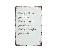 NAMEY Letrero de metal con texto en inglés "What You Think You Become Buddha", letrero de metal vintage para decoración de pared, arte retro, decoración divertida para el hogar, bar, pub, cafetería
