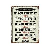 NAMEY Letrero de metal de estaño con texto en inglés «Our Kitchen Rules», divertido letrero de cocina, decoración de pared, arte retro, decoración divertida para el hogar, bar, pub, cafetería, sala de