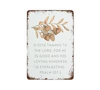 NAMEY Letrero de metal retro con diseño de bellota con hojas de otoño, escritura de la Biblia, O Give Thanks to The Lord for He is Good, letrero de metal vintage, decoración de pared para el hogar