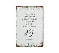 NAMEY Letrero de metal retro vintage con texto en inglés «The Lord Has Done Great Things», versículo bíblico, arte de pared, decoración de pared vintage, letrero de estaño, decoraciones divertidas