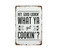NAMEY Letrero de metal vintage con texto en inglés "Hay Good Lookin What Ya Got Cookin", divertido letrero de cocina, decoración de pared retro, decoración divertida para el hogar, bar, pub, cafetería